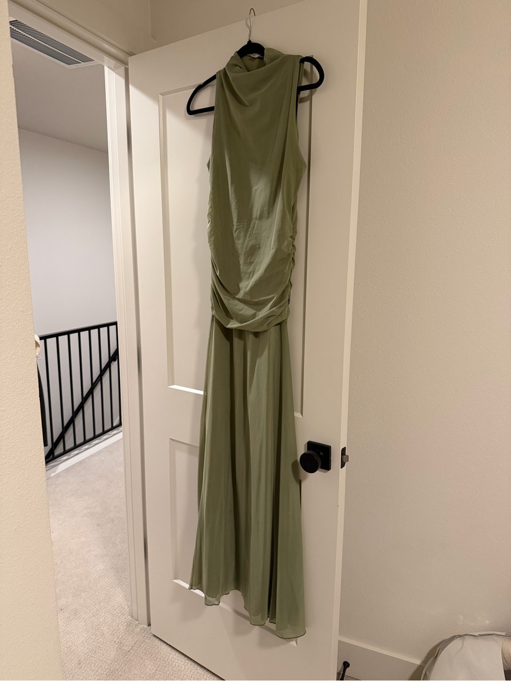 H&M Gathered Mesh Dress- Khaki Green Sleeveless Draped Maxi Gown